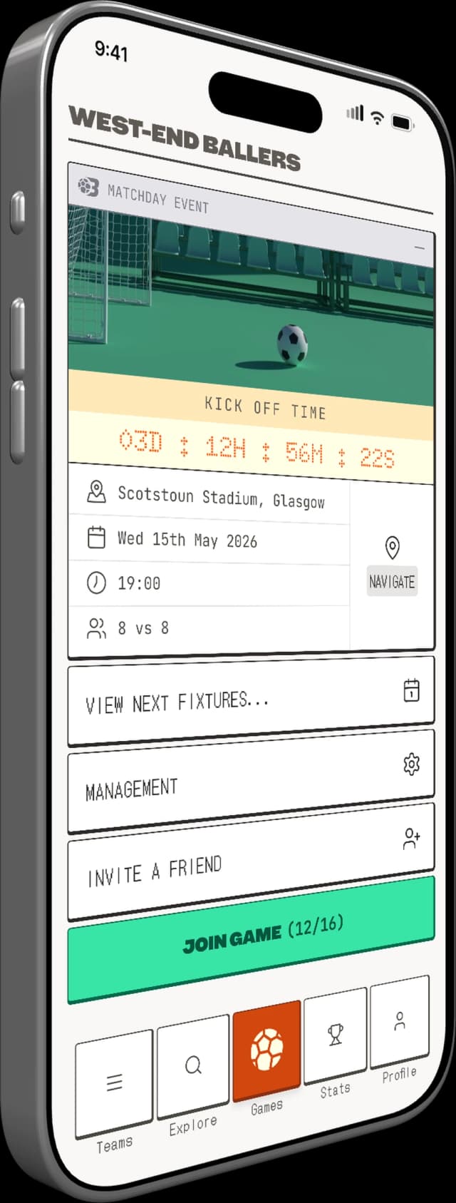 BALLR running on a phone, showing a matchday event with a live countdown